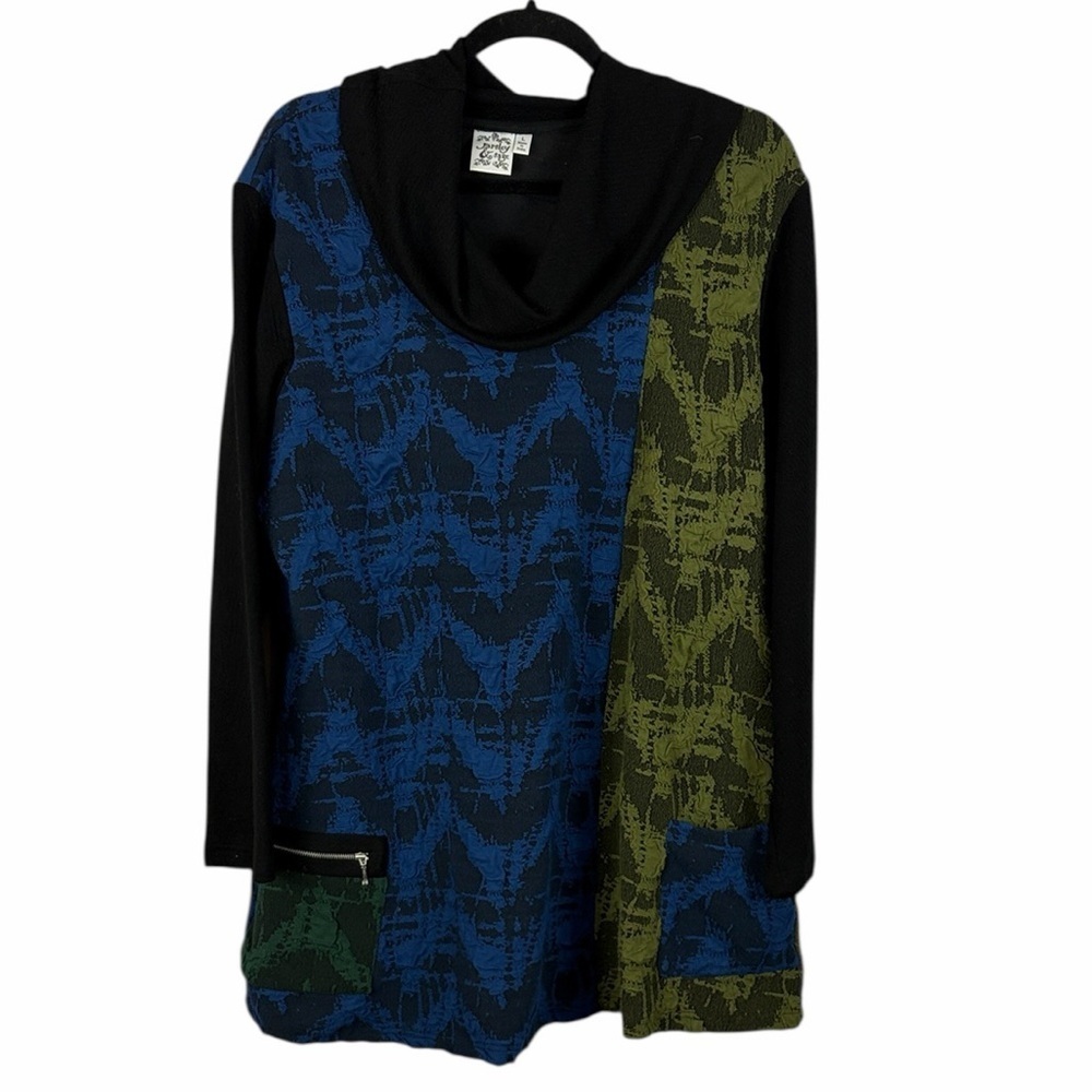 Parsley & Sage Cowl Neck Tunic Top Blue & Green Patchwork Pockets Large